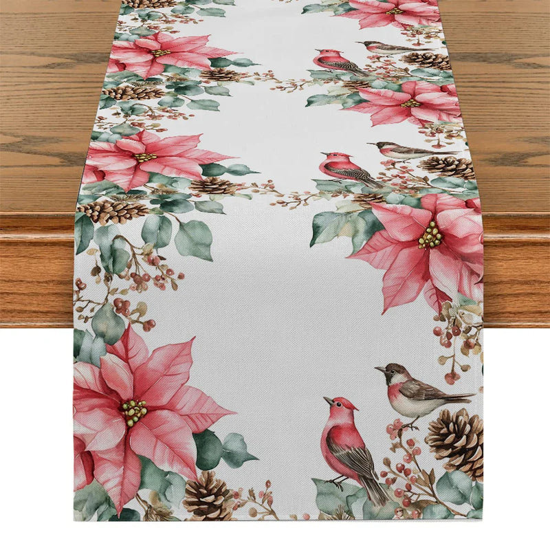 Axyaa Festive Table Runner - Christmas Bird Poinsettia Holly Fir Pine Cone