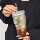 Axyaa Stripe Glass Coffee Cup With Lid and Straw - Transparent Drinkware for Refreshing Beverages