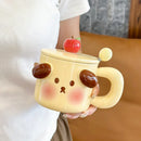 Axyaa Kawaii Big Ears Ceramic Mug with Lid, Spoon | Cartoon Cute Girl Coffee Cup