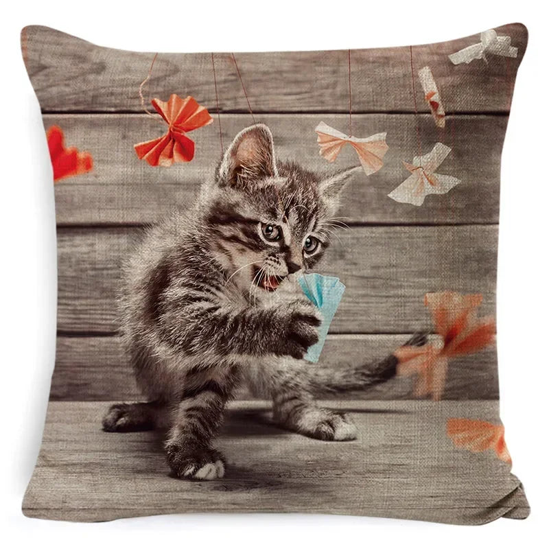 Cute Cat Pattern Linen Cushion Cover by Axyaa for Home Decor
