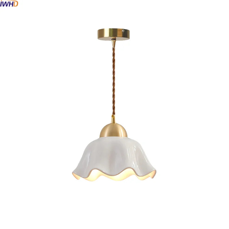 Axyaa White Ceramic Brass LED Pendant Light Modern Nordic Hanging Lamp