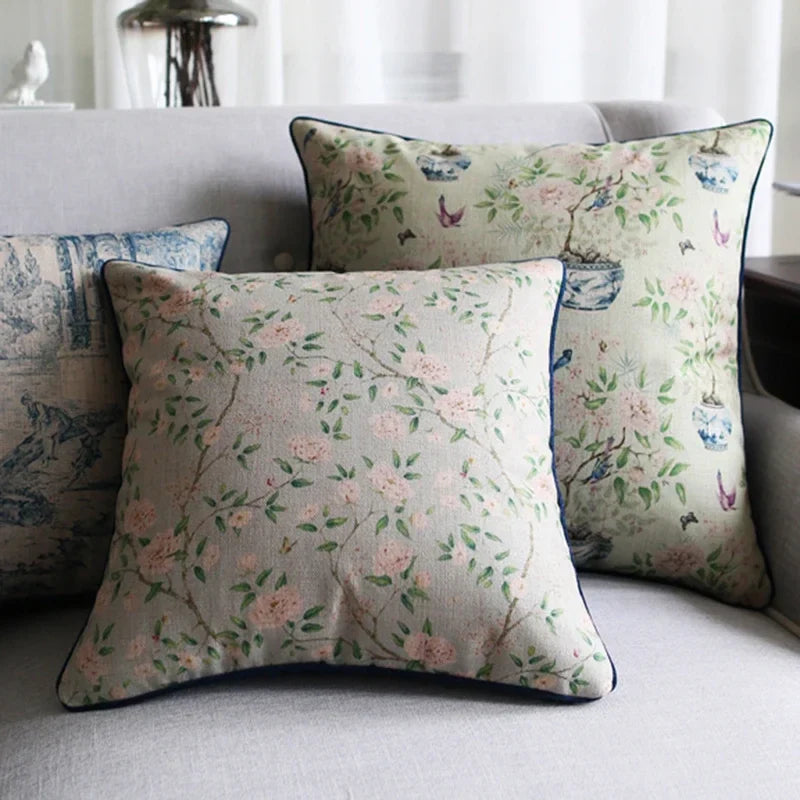 Axyaa Soft Velvet/Cotton Linen Cushion Cover Shabby Chic Floral Pink Blue 45x45cm