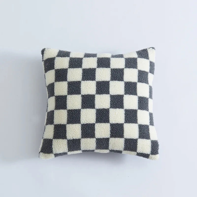 Axyaa Checkerboard Lamb Pillowcase in Black White Brown Green for Home Decor
