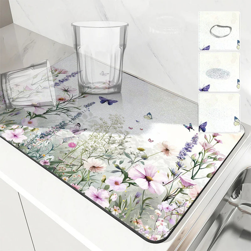 Axyaa Butterflies Draining Mat: Quick Dry Kitchen & Bathroom Drain Pad