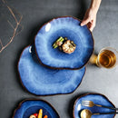 Axyaa Deep Blue Ceramic Irregular Plate Set - Household Dinnerware Tableware Tray