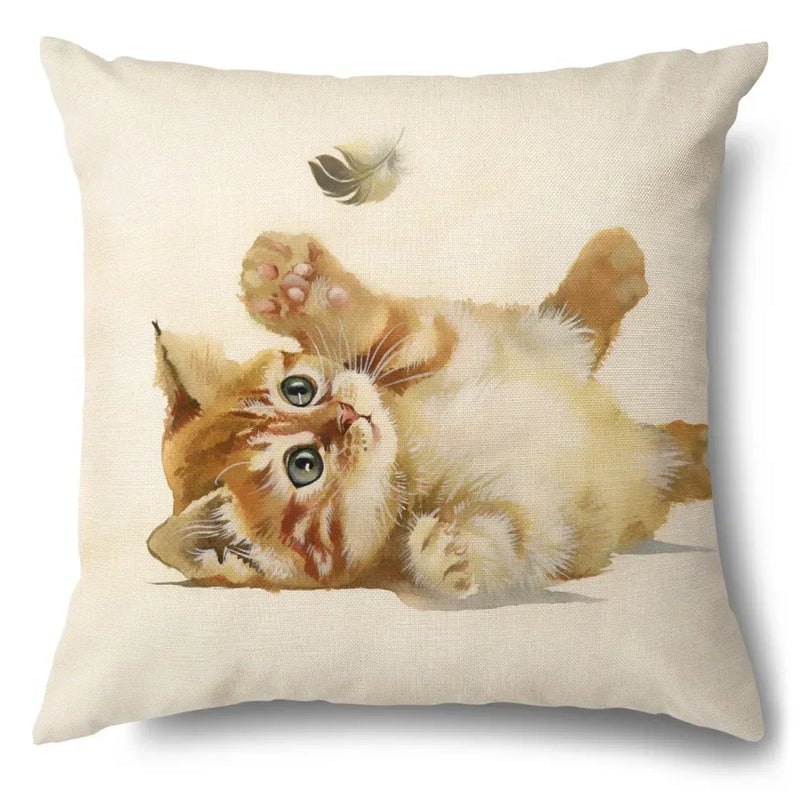 Axyaa Cartoon Kitty Cat Linen Pillowcase for Bed, Couch, and Sofa Décor