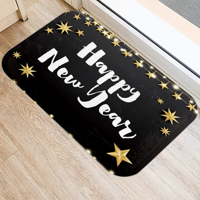 Axyaa Merry & Happy Year Door Mat: Golden Black Letter Print, Non-Slip Floor
