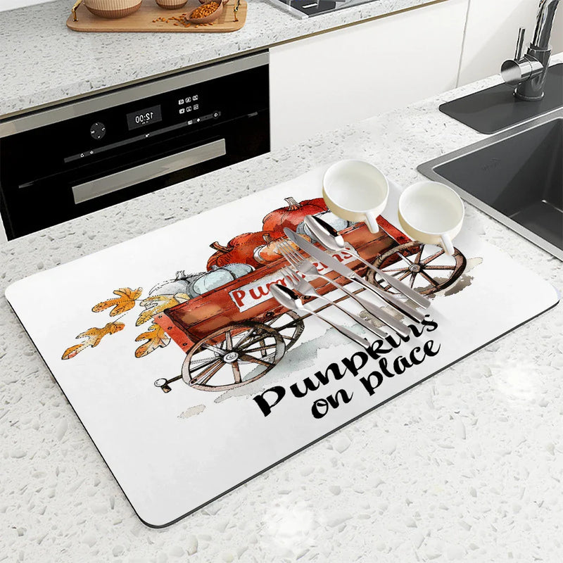 Drying Mat for Fall Vibes: Autumn Truck & Pumpkin Non-Slip Absorbent Mat by Axyaa