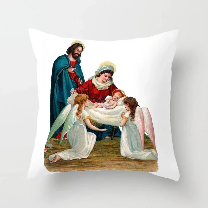 Retro Oil Painting Christmas Pillowcase - Axyaa Nativity Cushions Case Jesus Christ Print Throw Pillows Case