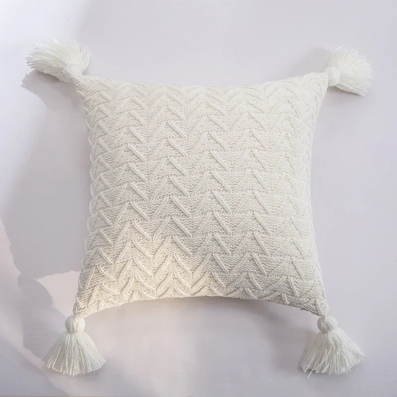 Axyaa Soft Knit Cushion Cover 45x45cm Solid Pillow Case with Tassels