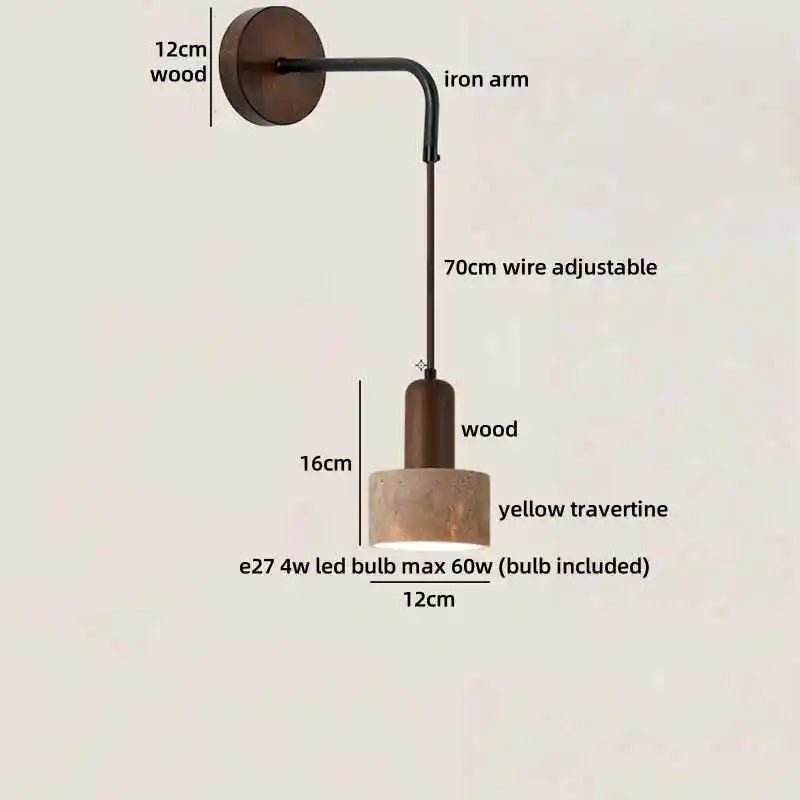 Axyaa LED Wall Lights Bathroom Decor Pull Chain Switch Black Iron Yellow Travertine