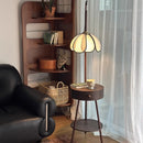 Axyaa Retro Wooden Floor Lamp with LED Light and Handmade Linen Petal Lampshade