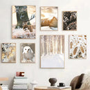 Nordic Forest House Canvas Wall Art by Axyaa - Winter Snow Fox Owl Deer Print