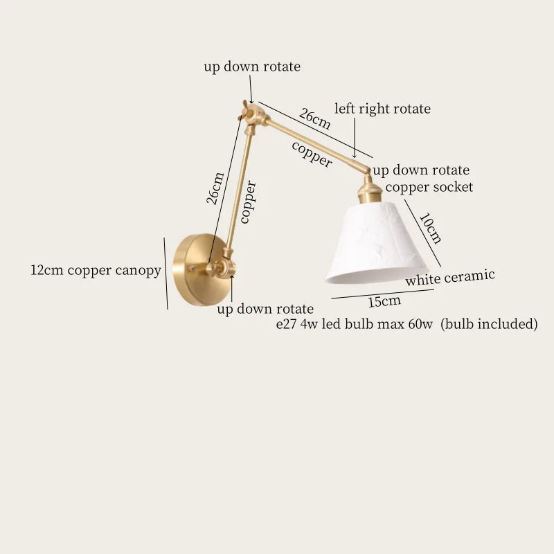 Axyaa Ceramic LED Wall Lamp Pull Chain Switch Nordic Copper Wandlamp
