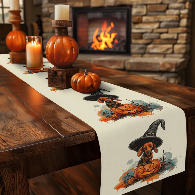 Axyaa Halloween Dog Pumpkin Head Table Runner for Farmhouse Dining