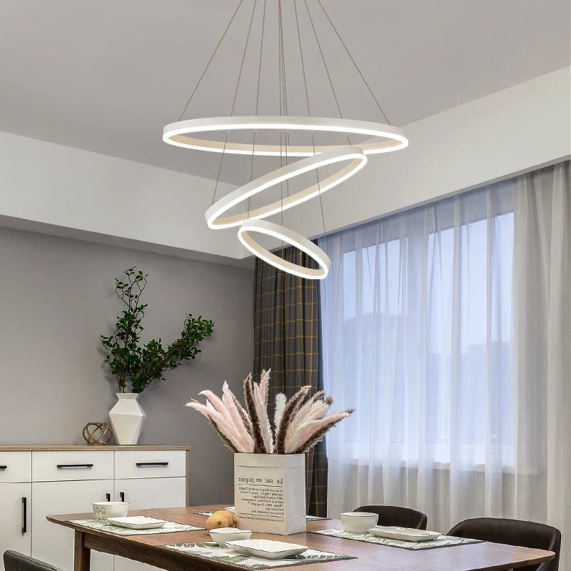 Axyaa Black LED Ring Chandelier Ceiling Light, Modern Circular Pendant for Kitchen, Living, and Dining Rooms.