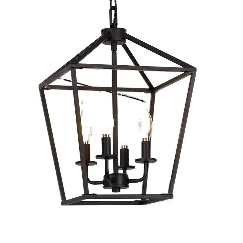 Axyaa Retro Industrial Bird Cage Candle Chandelier in Black Wood Color