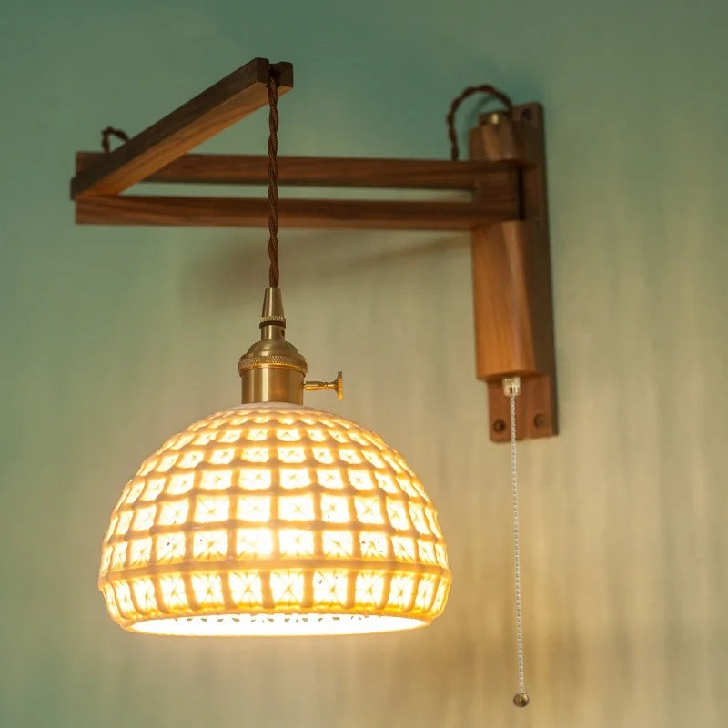 Axyaa Walnut Wood LED Wall Lamp with Copper Finish and Ceramic Pull Chain Switch