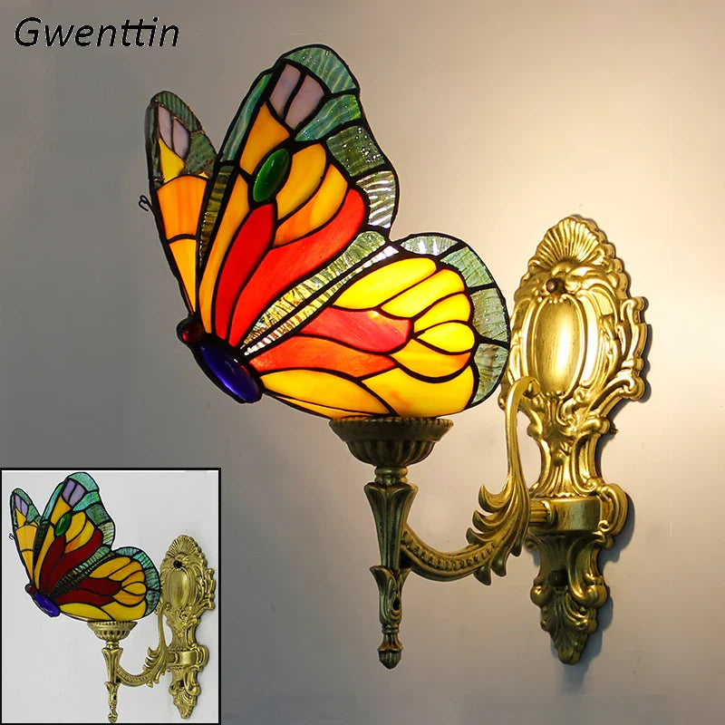 Axyaa Butterfly Stained Glass Wall Lamps: Mediterranean Style Living Room Lighting Fixtures