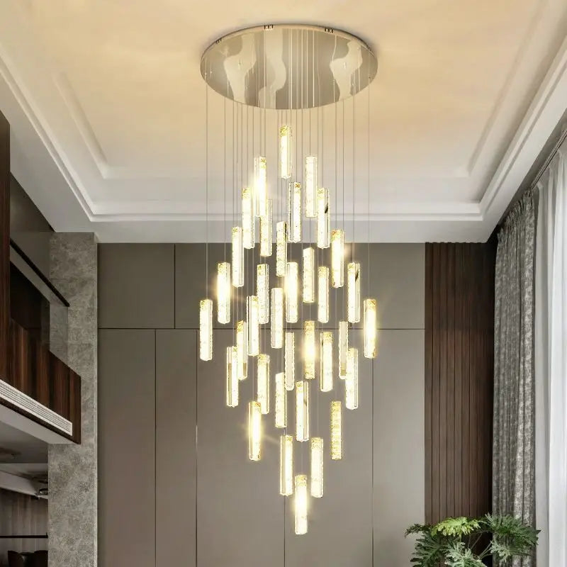 Axyaa Gold Chrome Steel Dimmable LED Pendant Lights with K9 Crystal Lustre for Villa Stairs