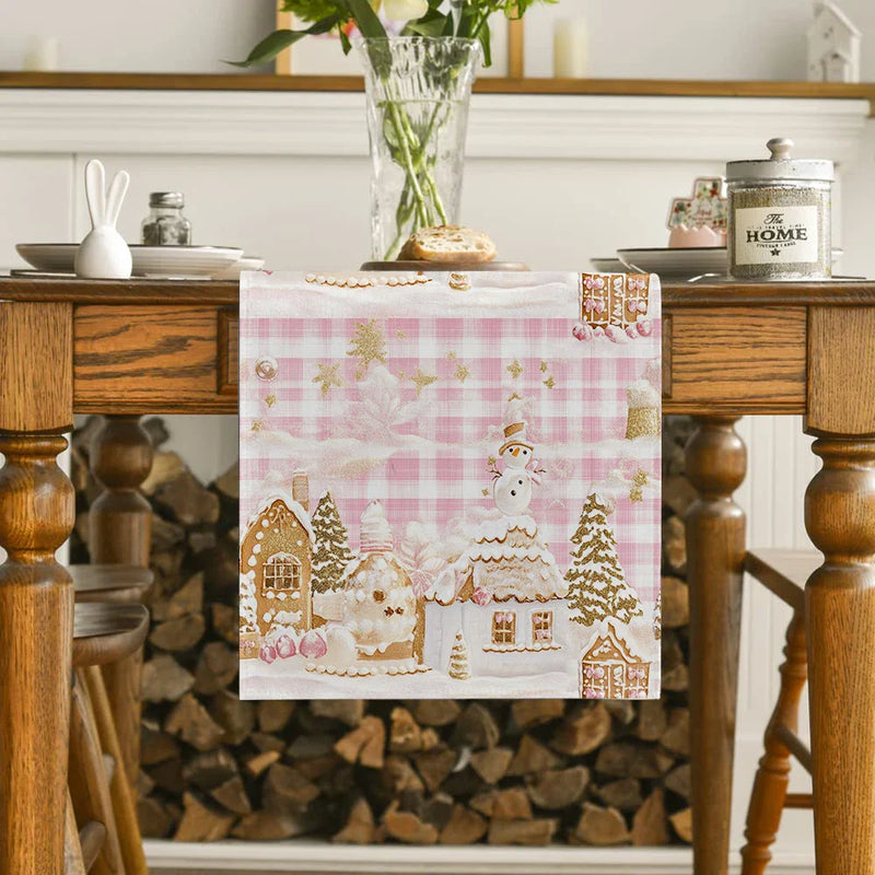 Pink House Table Runner by Axyaa: Christmas Decor for Kitchen Table, Farmhouse Style Dining Table Decoration