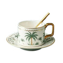Axyaa Ocean Pattern Ceramic Flower Coffee Cup with Gold Handle and Dish