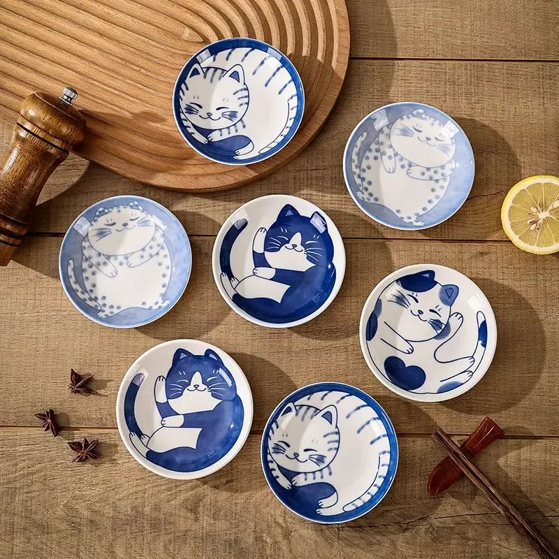 Axya Cat Design Small Dish Set: Hot Pot Seasoning Saucer & Dipping Plate