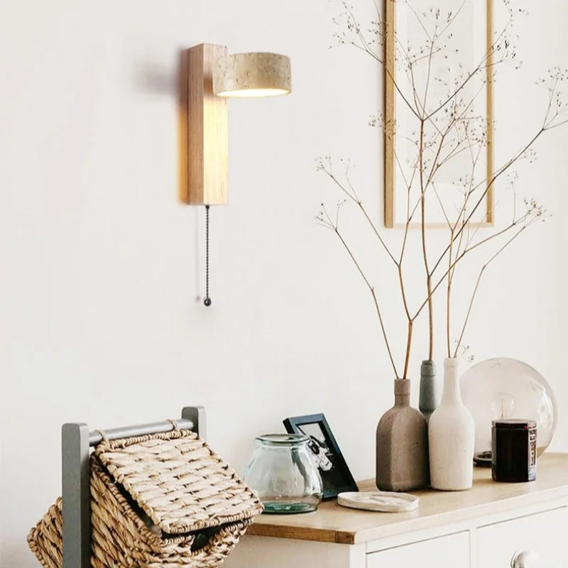 Axyaa Wabi Sabi LED Wall Lamps Wood Yellow Travertine Pull Chain Switch Rotate Bedroom Living Room Lights