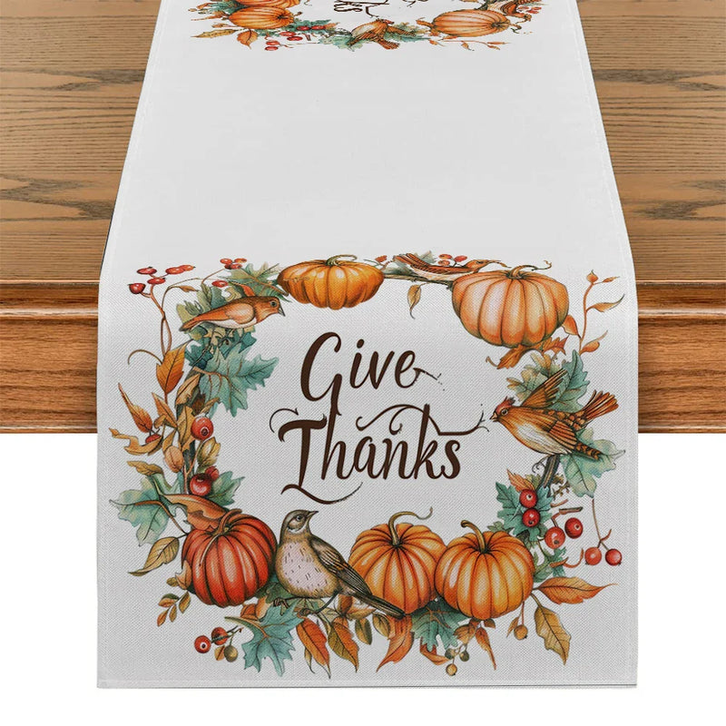 Axyaa Thanksgiving Plants Garland Pumpkin Bird Table Runner for Kitchen Dining Decor