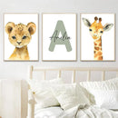Axyaa Jungle Animal Name Canvas Print: Lion Zebra Wall Art Baby Kids Room Decor