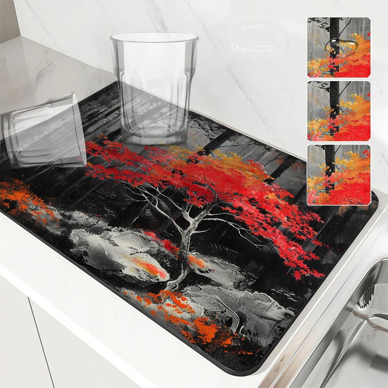 Axyaa Autumn Scenery Drain Pad: Absorbent & Anti-slip Dry Mat for Dishes & Cups