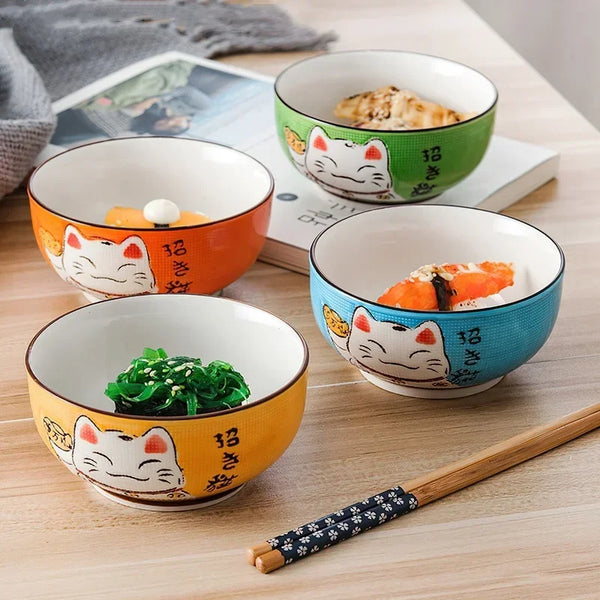 Axya Japanese Lucky Cat Ceramic Bowl Set