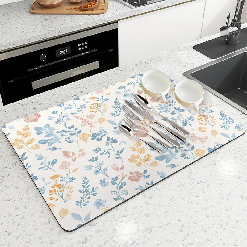 Axyaa Floral Kitchen Drying Mat - Small & Large Absorbent Drain Pad for Coffee & Bathroom