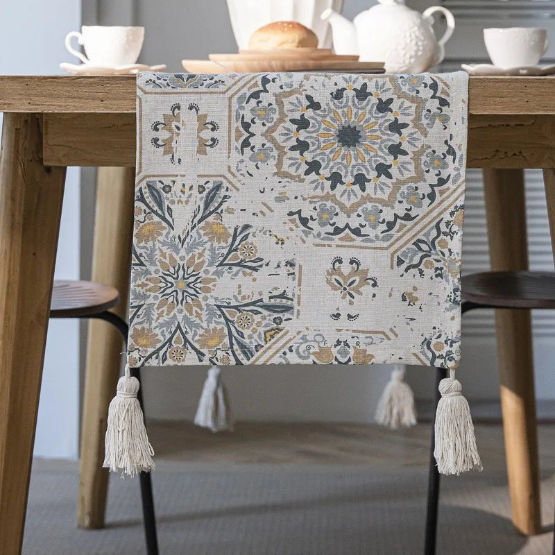 Axya Retro Print Table Runner with Tassel Detail for Dining Table - Single Layer