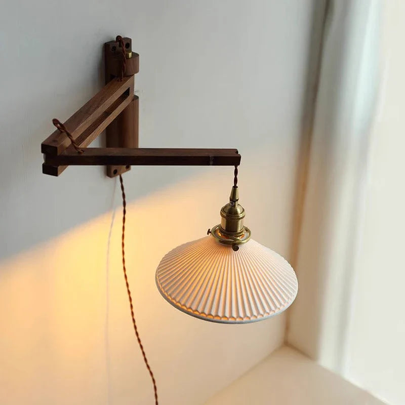 Axyaa Walnut Wood Wall Lamp: Japanese-inspired Vintage Foldable Bedside Accent