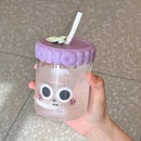 Axyaa Cute Expression Glass Water Bottle With Straw, Portable Drinking Bottle