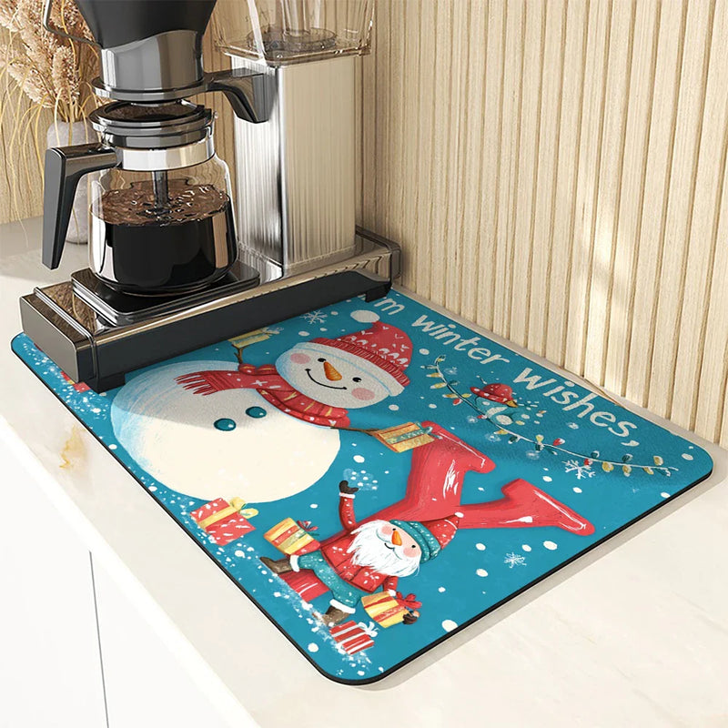 Axyaa Christmas Snowman Deer Drying Mat - Festive Kitchen Table Decor
