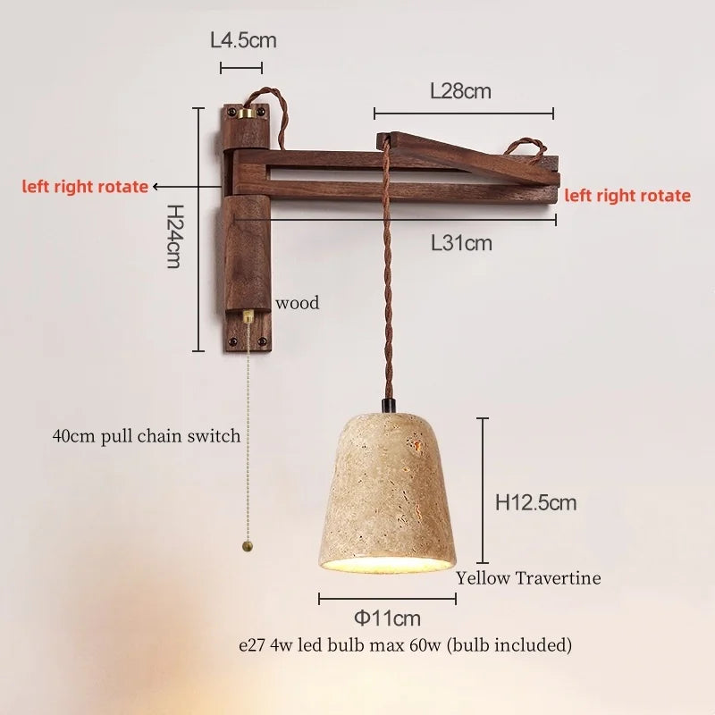Axyaa Wood Stone LED Wall Lamp with Pull Switch, Stretching and Folding for Home Lighting