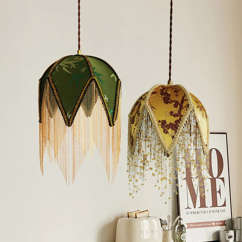 Modern Green Yellow Cloth Gold Iron Hanging Lamp by Axyaa
