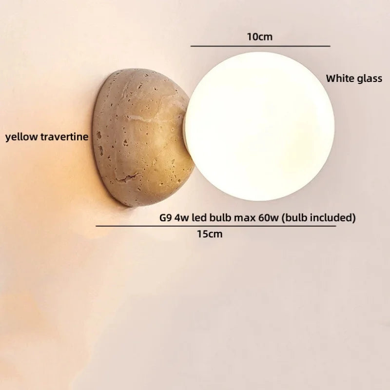 Axyaa Wabi Sabi LED Wall Light Yellow Travertine Stone Glass Ball Bedside Lamp