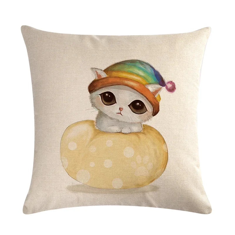 Axyaa Cartoon Cat Linen Pillow Cover for Leisure Sofa Chair Decor 45*45cm