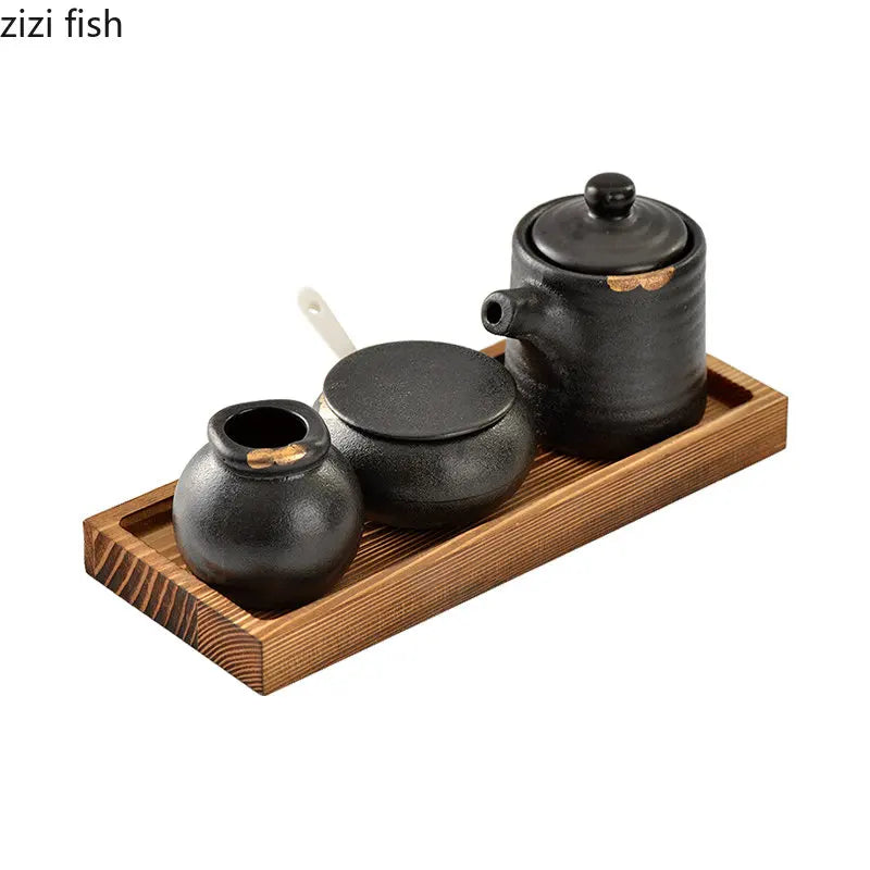 Axya Ceramic Spice Jars Set with Wooden Tray - Kitchen Seasoning Organizer