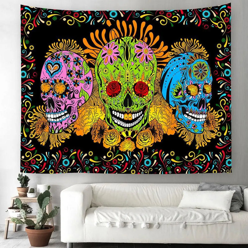 Axyaa Day of the Dead Skull Tapestry: Boho Room Decor Wall Hanging