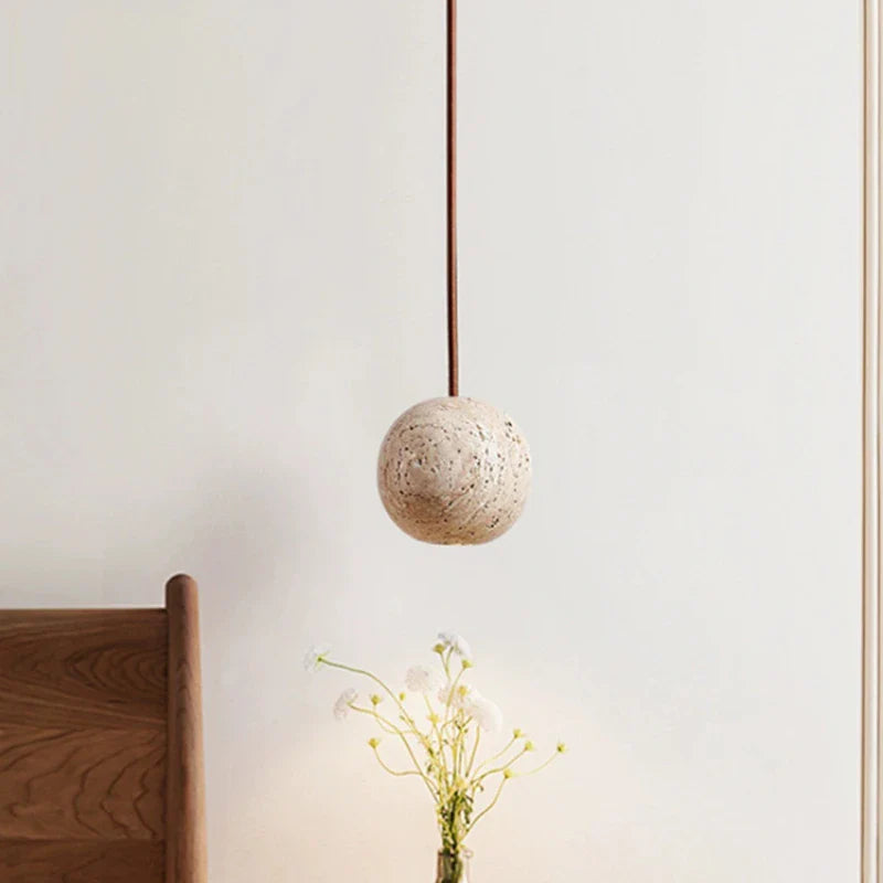 Axyaa Stone Yellow Travertine LED Pendant Chandelier - Small Round Nordic Bedroom Light