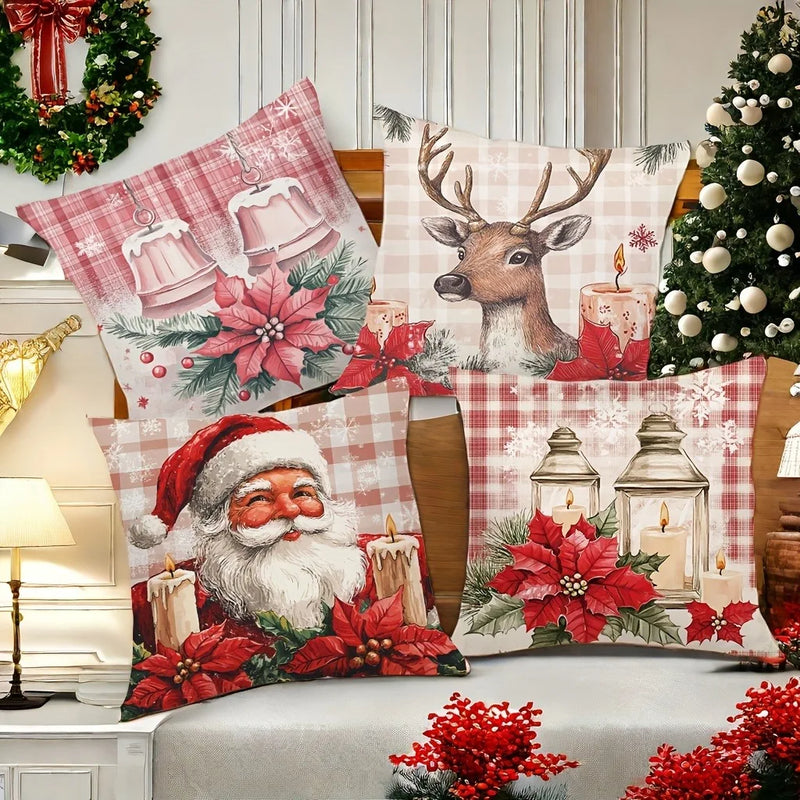 Axyaa Christmas Decor Pillowcase: Santa, Deer, Candle Print Sofa Cushion Cover
