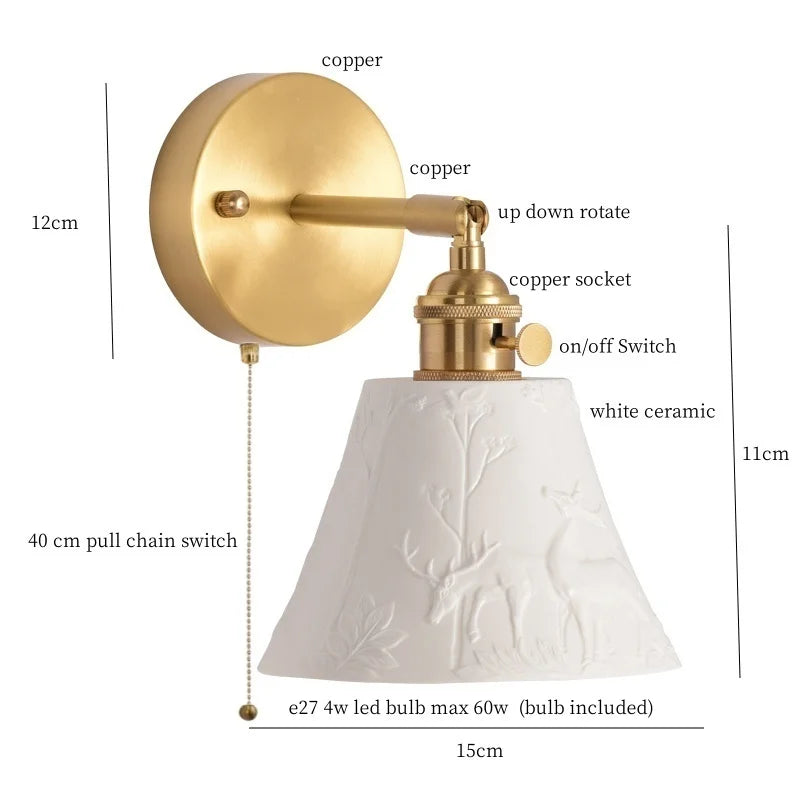 Axyaa Ceramic LED Wall Sconce with Pull Chain for Home Decor