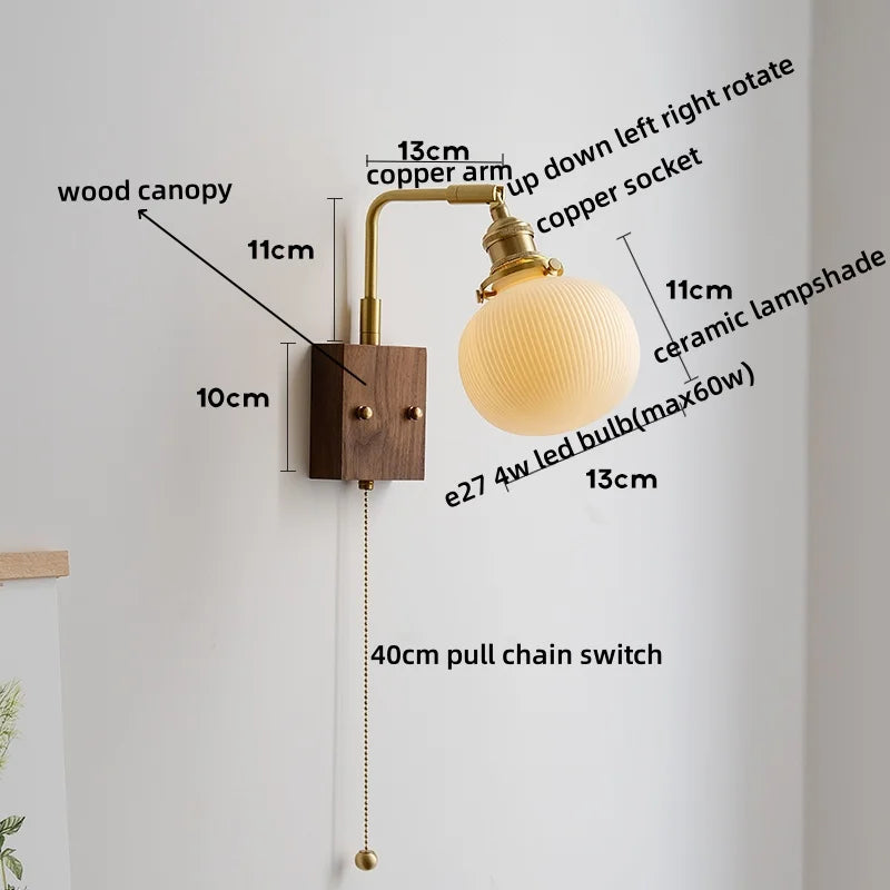 Axyaa Ceramic Copper LED Wall Lamps with Pull Chain Switch for Home Decor