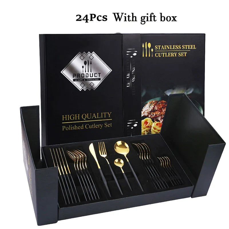 Axyaa Black & Gold Stainless Steel Cutlery Set - Knife, Fork, Spoon