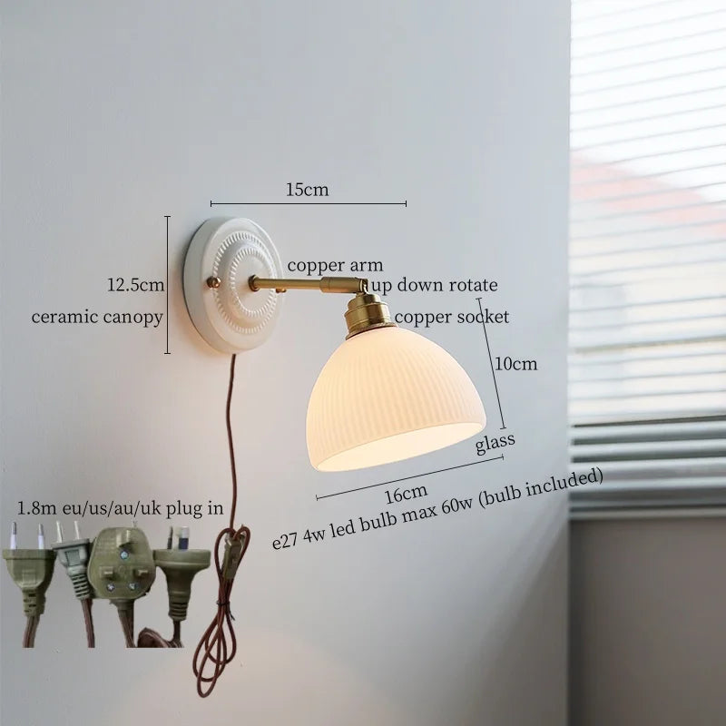 Axyaa White Glass LED Wall Light with Pull Chain Switch for Bedroom, Living Room, or Stairway