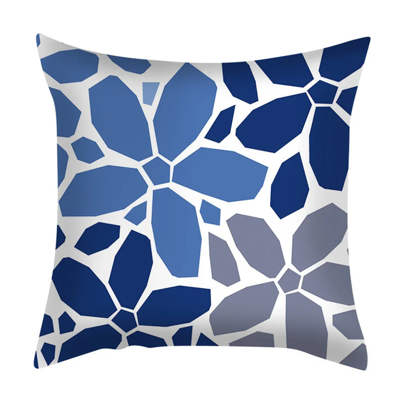 Axyaa Blue Daisy Geometric Flower Leaf Pillow Cover Square Decorative Cushion Cover